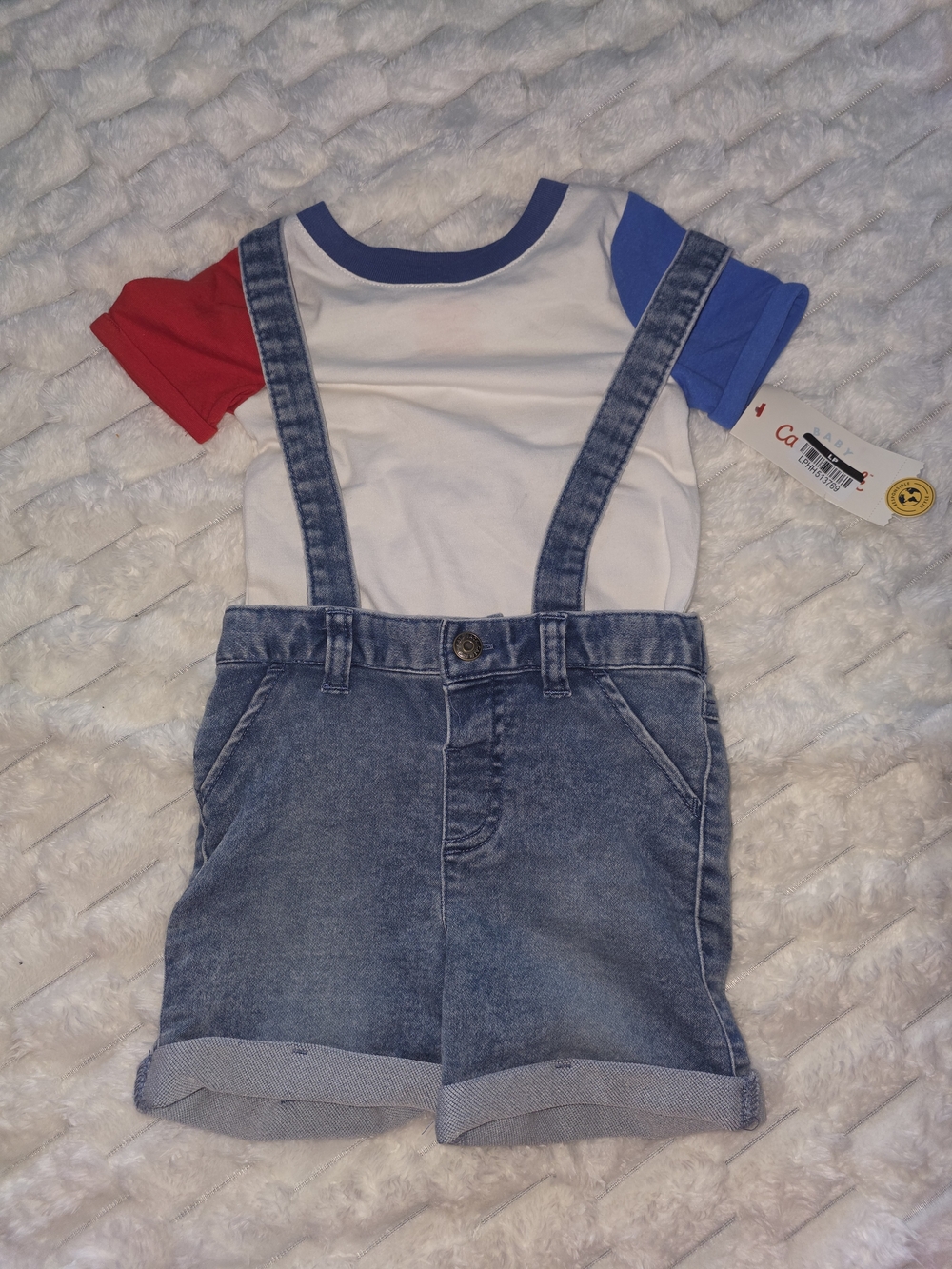 Cat & Jack Denim Suspender Shorts with Red, White & Blue Raglan Tee